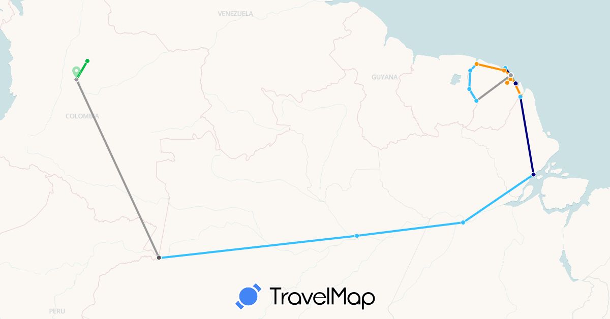 TravelMap itinerary: driving, bus, plane, boat, hitchhiking, motorbike in Brazil, Colombia, French Guiana (South America)
